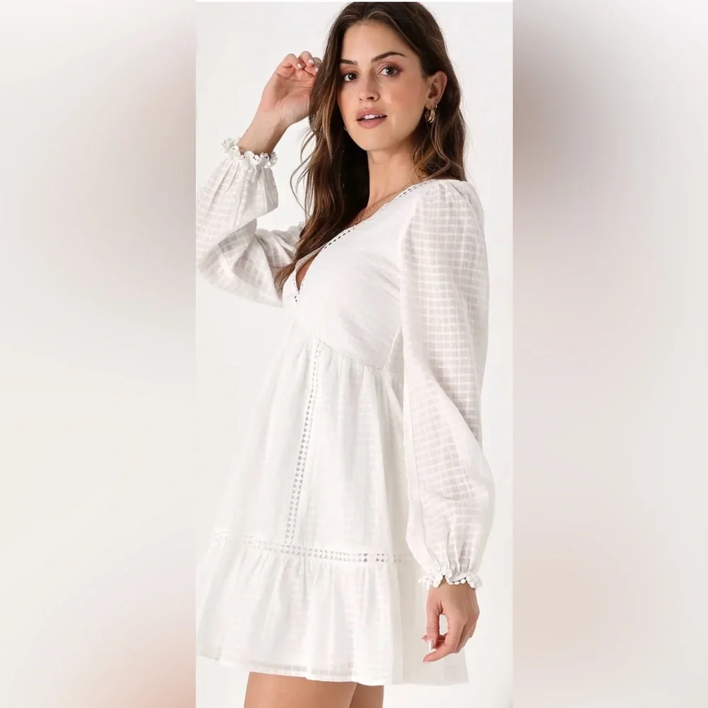 Lulu’s Sunny Desires White Long Sleeve Mini Babydoll Dress || NWT - Picture 2 of 6